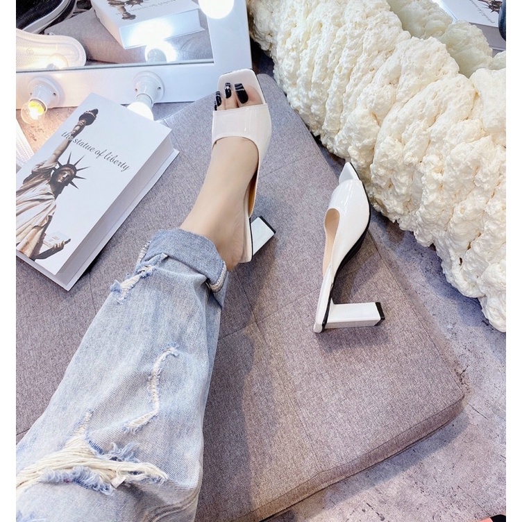 Dép cao gót 8 phân quai bản da bóng gót hình Thang đẹp độc