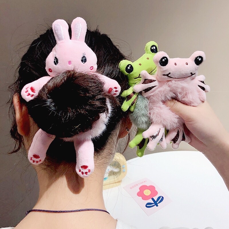 Cột tóc phối gấu bông, buột tóc nơ vải lông nhân tạo, phụ kiện tóc làm đẹp (Mã CT)