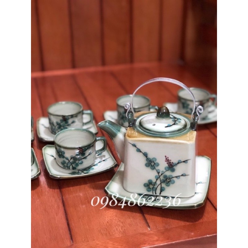 Bộ ấm chén vuông hoa tầm xuân xanh Bát Tràng - Bộ trà Bát Tràng