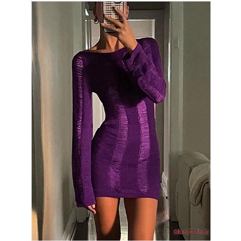 Đầm Dệt Kim Tay Dài Cổ Tròn Màu Trơn Khoét Lỗ Thời Trang Đi Biển Cho Nữ