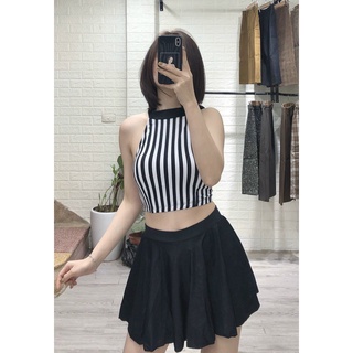 Bikini đồ bơi nữ 2 mảnh áo yếm sọc nơ vai kèm váy xòe kín đáo - ts111