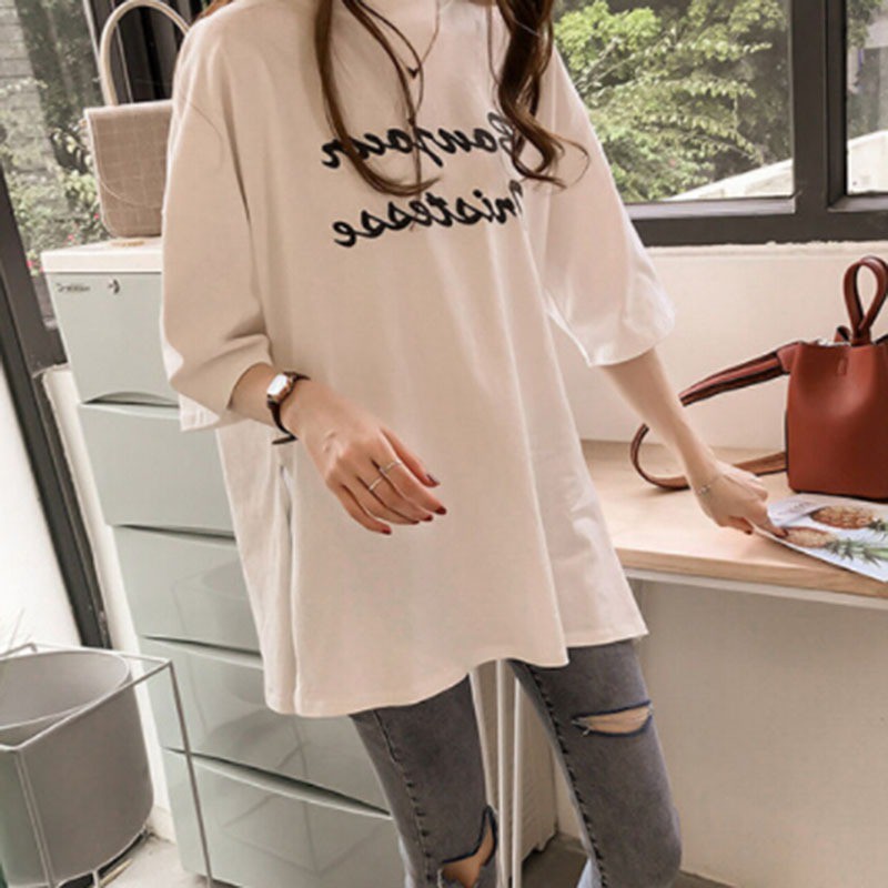 Áo thun tay lỡ cổ tròn hoạ tiết chữ thiết kế dáng rộng thoải mái