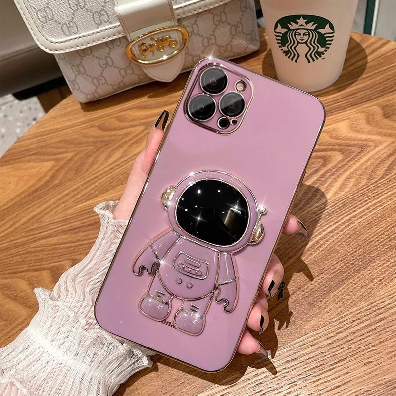 Ốp Điện Thoại TPU Mềm Mạ Điện Hình Phi Hành Gia Có Giá Đỡ Cho iPhone 7 8plus X XR XS Max 11 12 13 Pro Max
