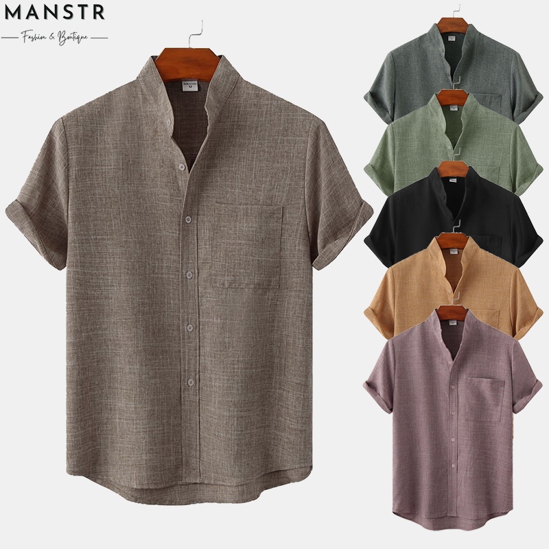 Áo Thun Polo Nam Màu Trơn Tay Ngắn Vừa Vặn Thoải Mái Bằng Cotton Và Vải Lanh Màu Xanh Lá Nhạt\ Kaki