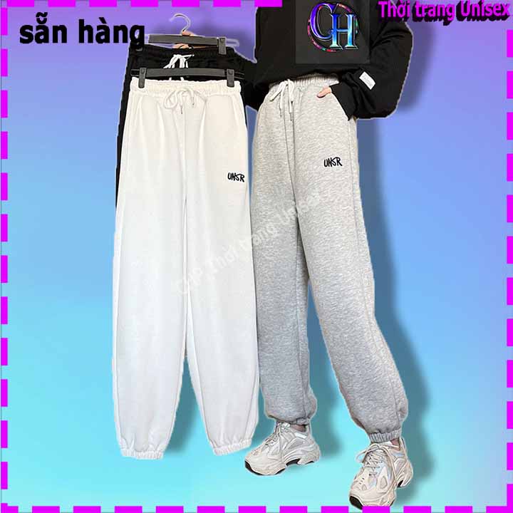 Quần nỉ nam nữ ống rộng  Mẫu hót  Quần boom dáng jogger bo gấu unisex thêu unsr 3 màu đen trắng xám