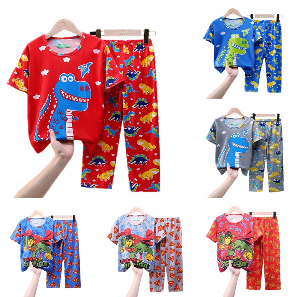 Bộ đồ ngủ cổ tròn in hoạt hình khủng long siêu nhân dễ thương cho bé trai