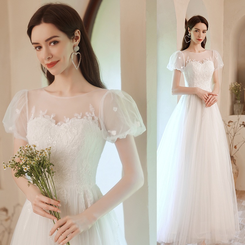 Váy trắng Thời trang mới Tay ngắn Cô dâu Đăng ký Đám cưới Tuần trăng mật Ảnh du lịch Váy cưới Cô dâu Chủ nhà Biểu diễn Tiệc Dạ hội