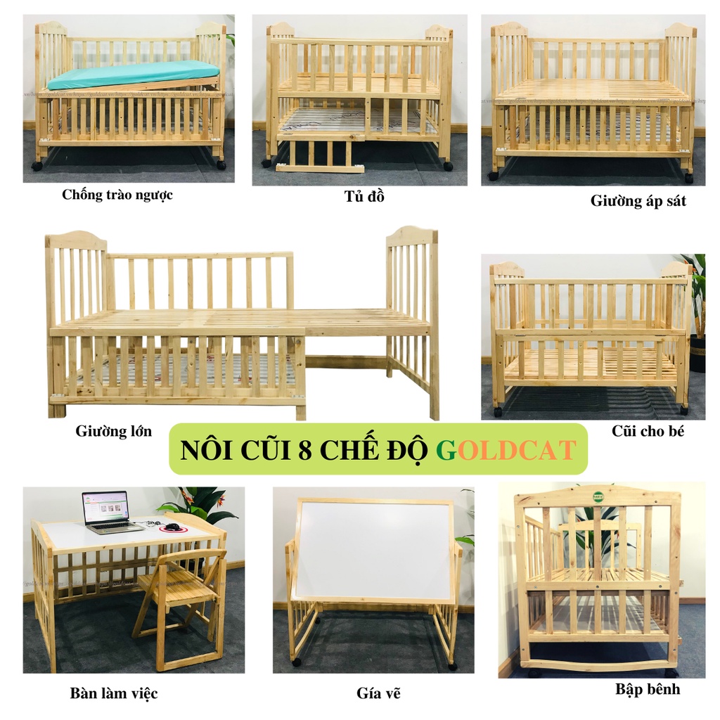 Nôi Cũi Gỗ Quế Đa Năng Cho Bé GOLDCAT C8V Có Thể Kéo Dài Thành Giường Lớn Cho Trẻ từ 0-10 tuổi