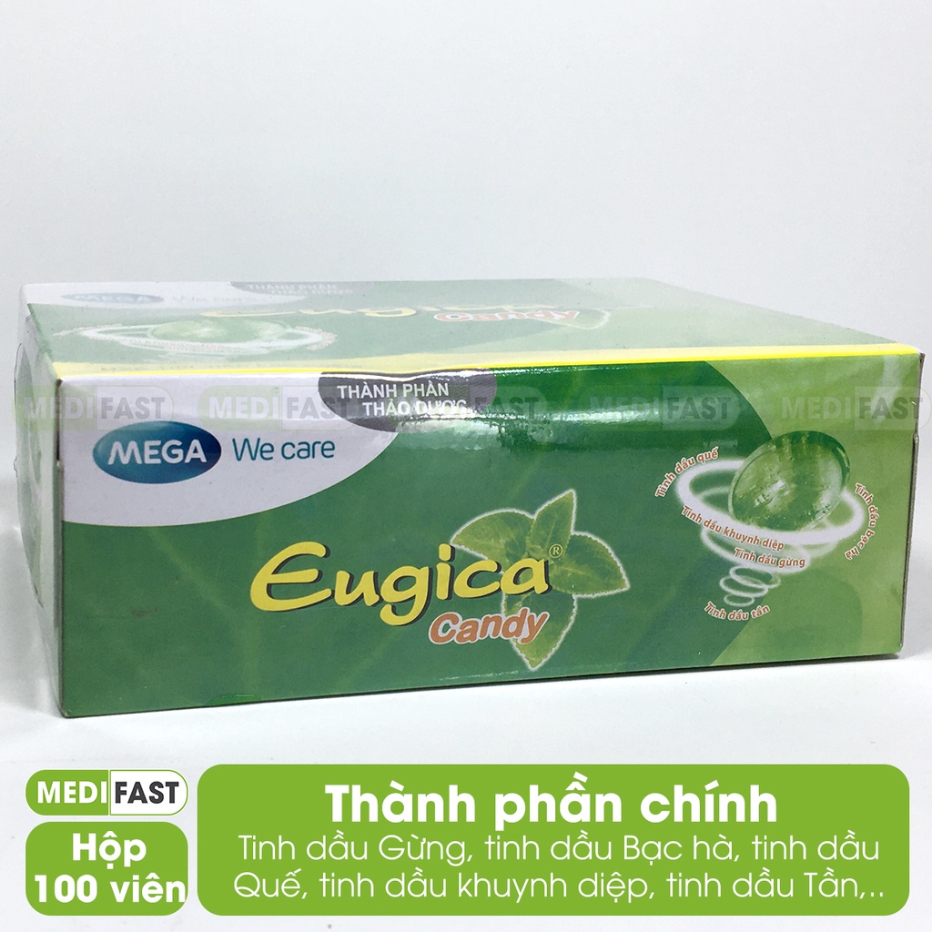 Eugica kẹo ngậm hỗ trợ giảm ho - Hộp 100 viên từ tinh dầu gừng, bạc hà, quế, khuynh diệp