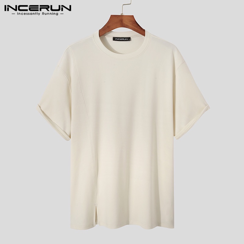 Áo thun INCERUN tay ngắn cổ tròn màu trơn thời trang mùa hè dành cho nam