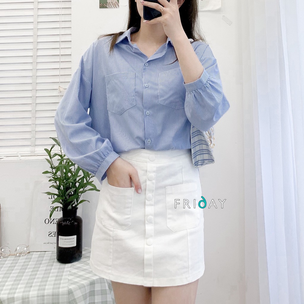 Áo sơ mi thiết kế Oversize hai túi kẻ sọc Xanh Friday | BigBuy360 - bigbuy360.vn