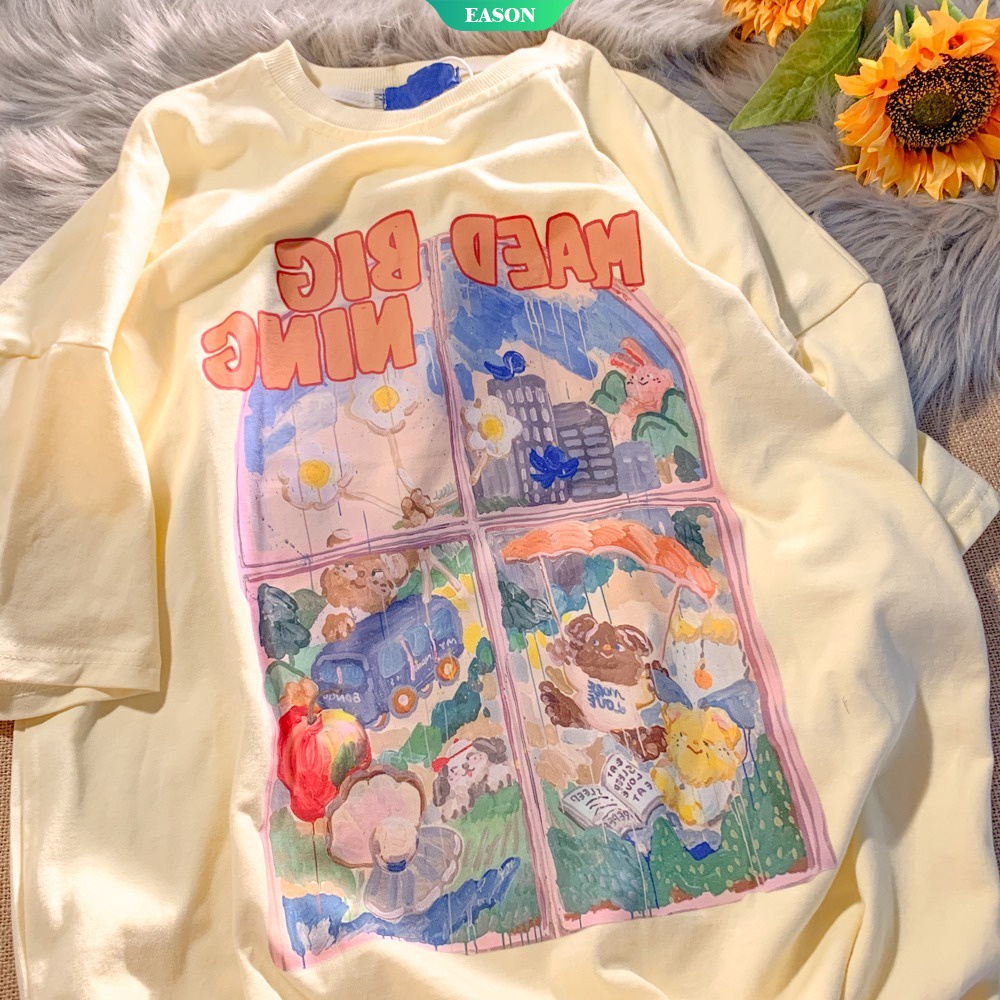 Áo Thun Tay Ngắn Dáng Rộng In Họa Tiết Tranh Sơn Dầu Thời Trang Mùa Hè Phong Cách Nhật Bản Cho Nữ
