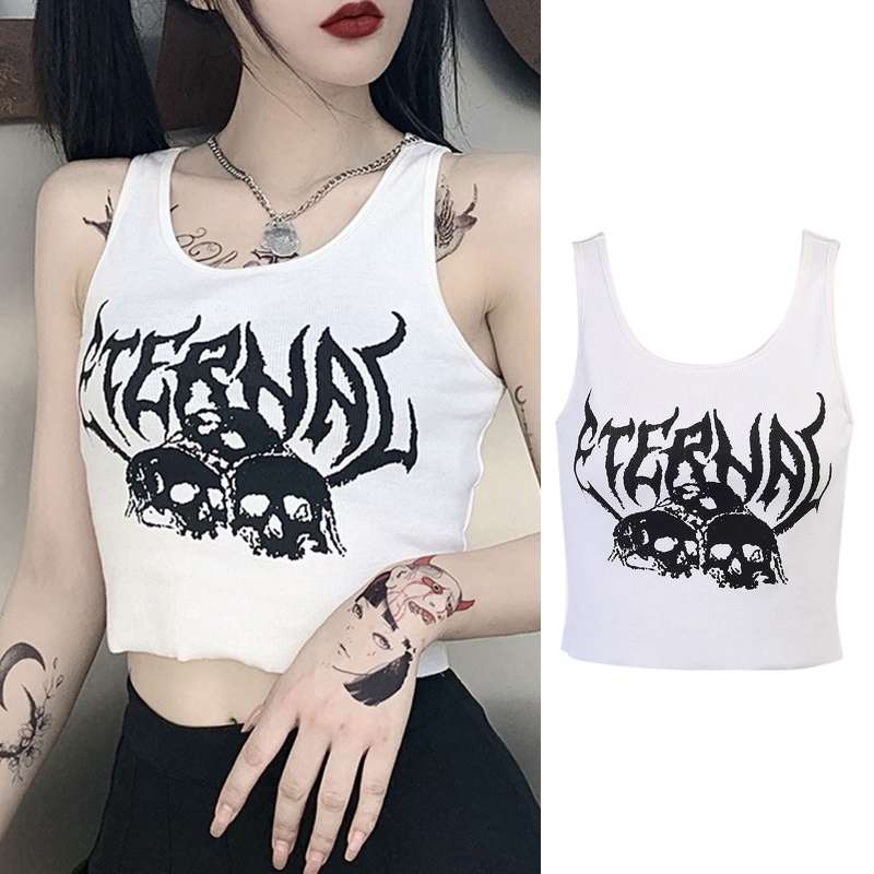 Áo Croptop Sát Nách In Họa Tiết Đầu Lâu Phong Cách Gothic Cổ Điển Những Năm 90 Cho Nữ