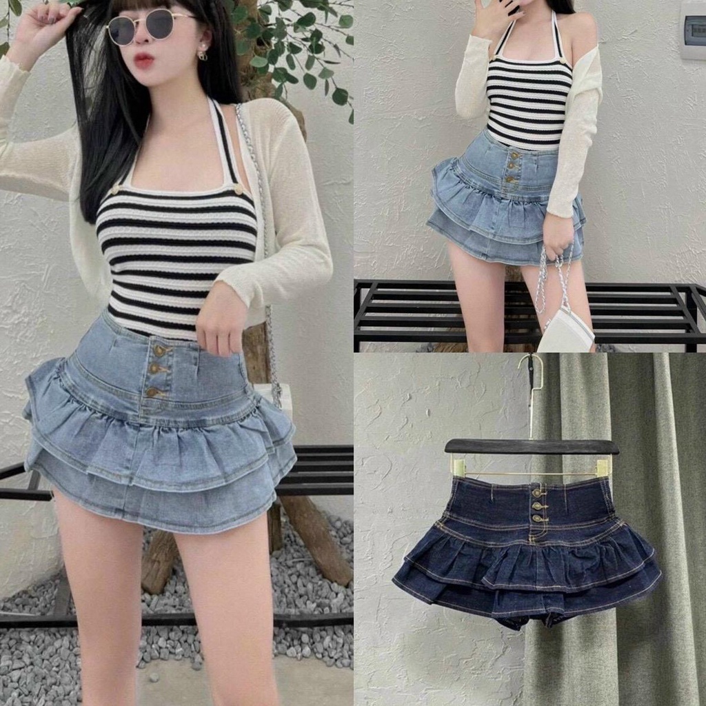 [Cao Cấp] Chân Váy Jean AIORI Dáng Xoè V007