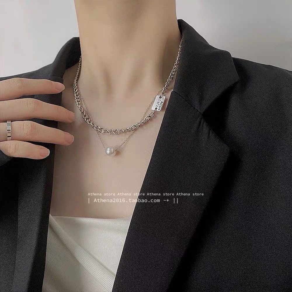 Dây chuyền nữ 2 mảnh Vòng cổ hạt cá tính 2 dây liền chất liệu hợp kim