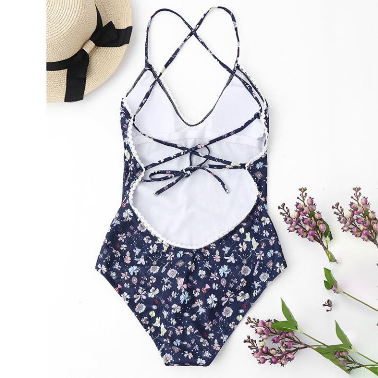 Áo Tắm Liền Thân Họa Tiết Hoa Màu Xanh Dương Phối Ren Xinh Xắn Dành Cho Phụ Nữ 👙