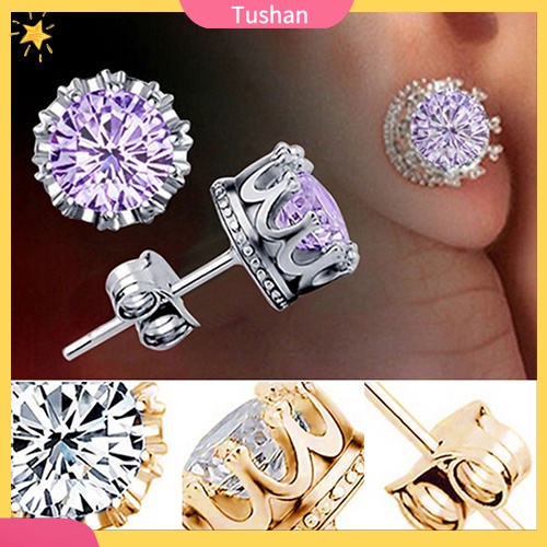 Khuyên tai mạ bạc hình vương miện đính kim cương giả sang trọng