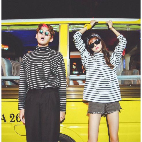 Women T-shirt Korean fashion High neck slim Keep warm Retro stripe Shirt