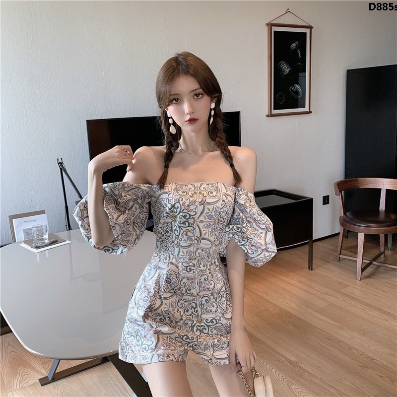 Bộ áo liền quần trễ vai tay ngắn in họa tiết dễ thương cho bé gái | BigBuy360 - bigbuy360.vn