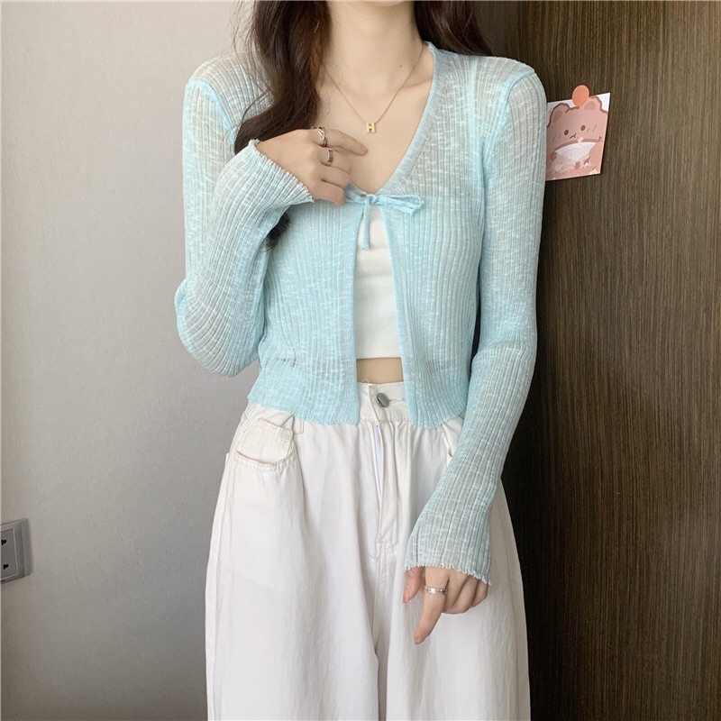 Áo khoác len cadigan mỏng buộc dây pastel nhẹ nhàng xinh xắn