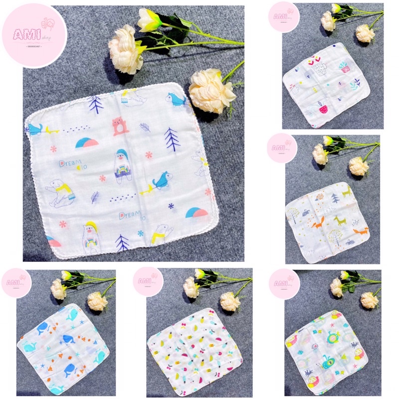 Gói 10 chiếc khăn sữa xuất Nhật in hình dễ thương