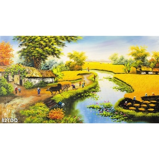 Tranh dán tường phong cảnh làng quê việt nam giả sơn dầu, tranh đồng quê , tranh quê hương, t