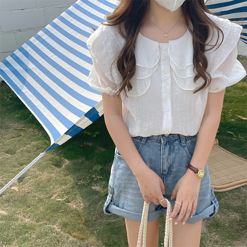 Summer sweet ruffled doll collar light green shirt Korean style loose short-sleeved top