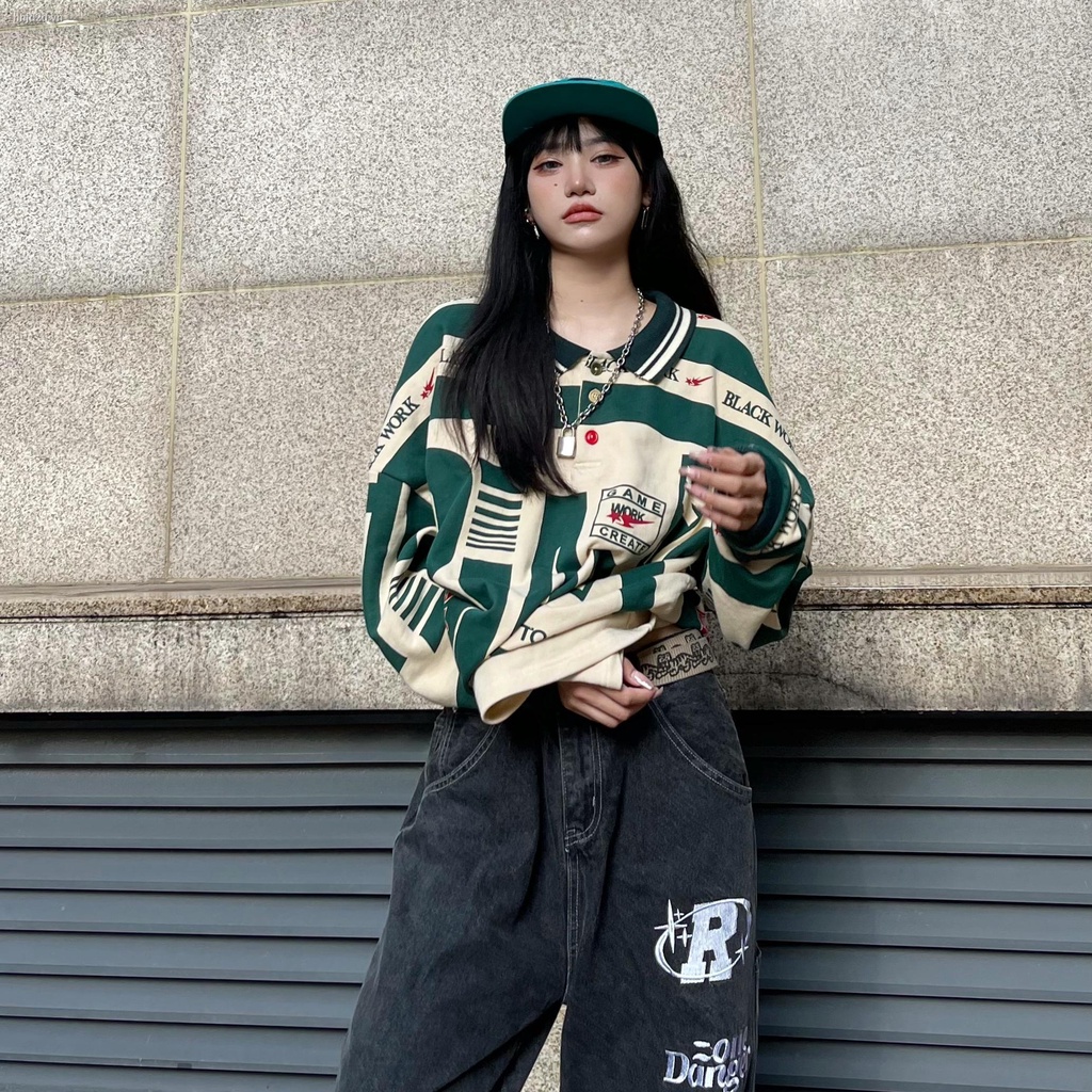 Áo thun cổ polo tay dài dáng rộng phong cách đường phố kiểu Mỹ cá tính | BigBuy360 - bigbuy360.vn