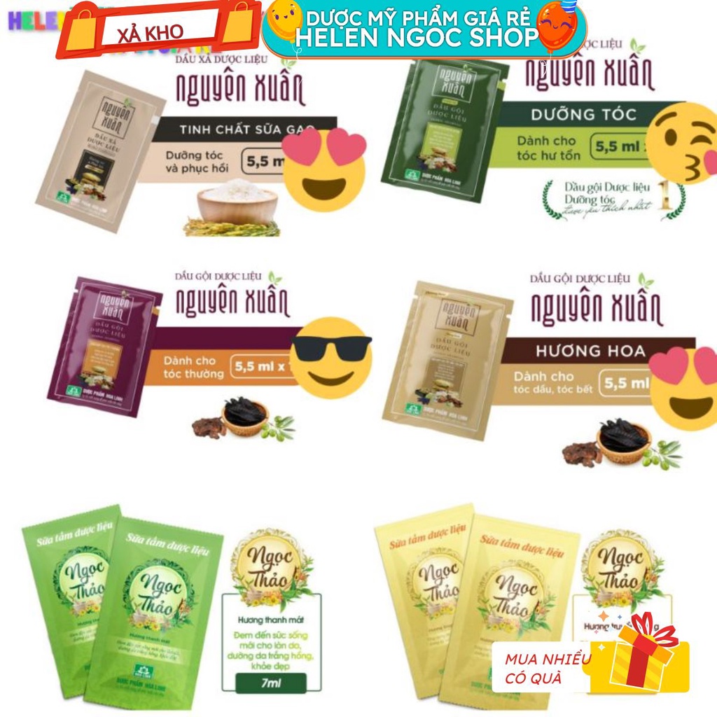 dầu gội/ xả đầu Nguyên xuân xanh/ vàng/ nâu dùng thử là nghiền (6.5ml/gói) và gói sữa tắm Ngọc Thảo Xanh/vàng