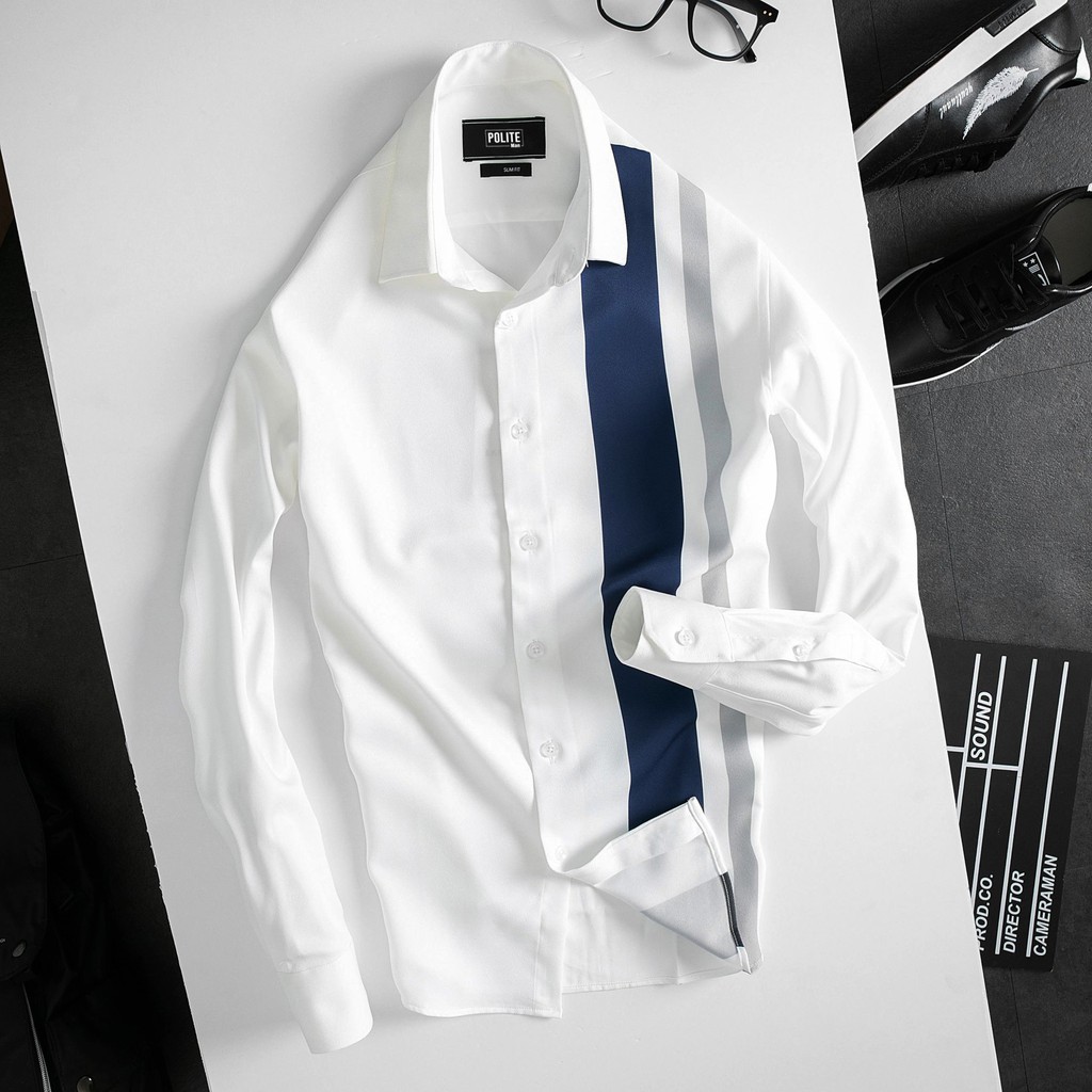 Áo Sơ Mi Trắng Phối Sọc Mr 94 cao cấp không nhăn không xù