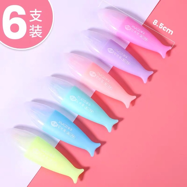 BÚT DẠ QUANG MINI SET 6 cây ĐỦ MÀU ĐỦ MẪU QUẢ CÀ QUẢ TRỨNG CON CÁ VIÊN KẸO CÓ SẴN KÈM TÚI ZIP
