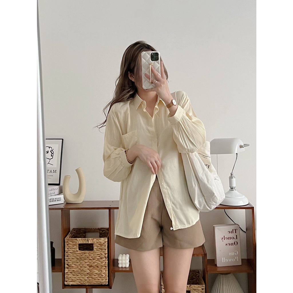 ÁO SƠ MI TRẮNG LỤA HÀN ULZZANG BASIC DÁNG RỘNG TAY BỒNG TRƠN