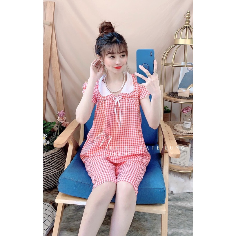 Set Bộ Lửng Caro Vải Kate Lụa Mềm Mịn Siêu Xinh Freesize 53Kg Mới !