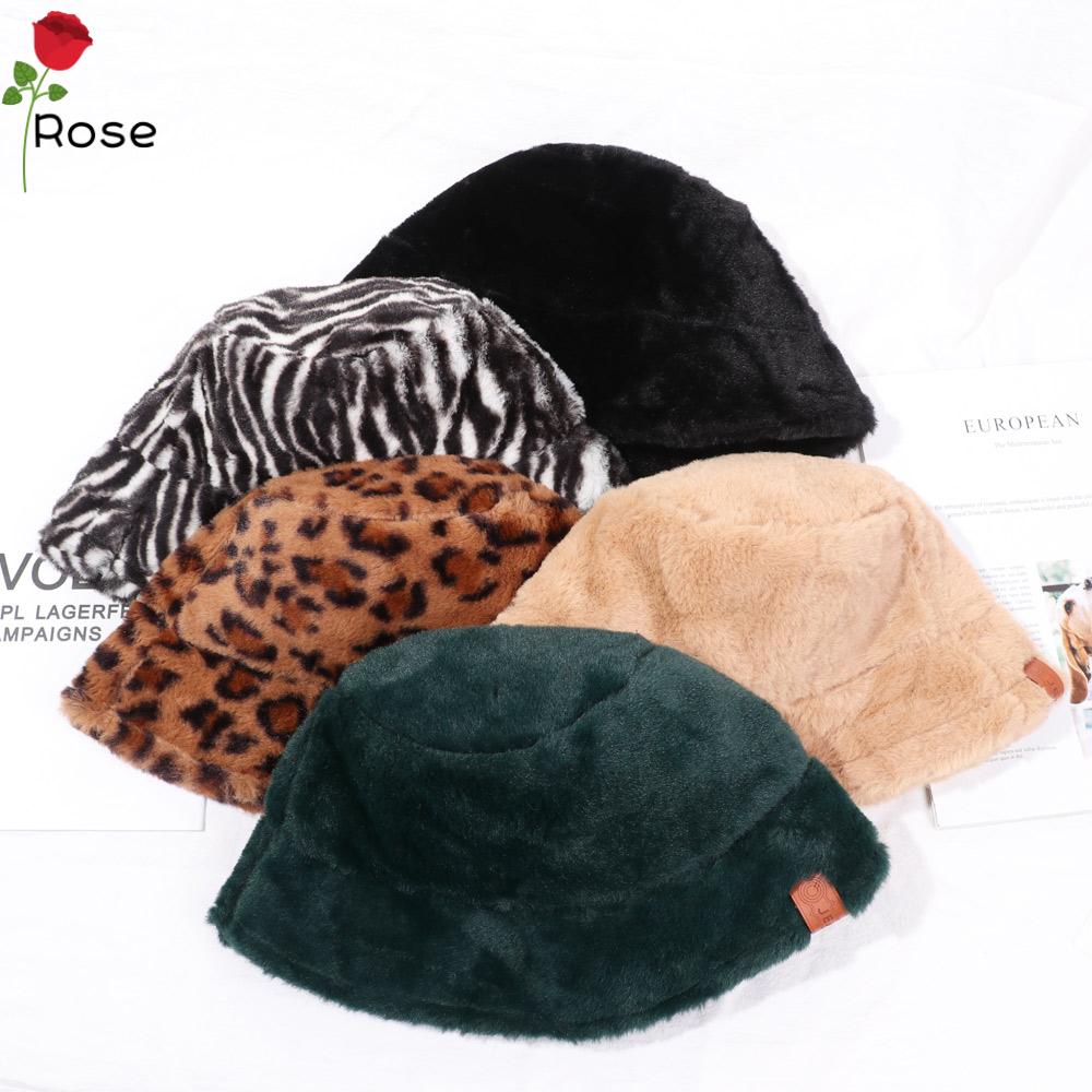Mũ bucket phối lông giả màu trơn/họa tiết động vật thời trang mùa đông cho nữ