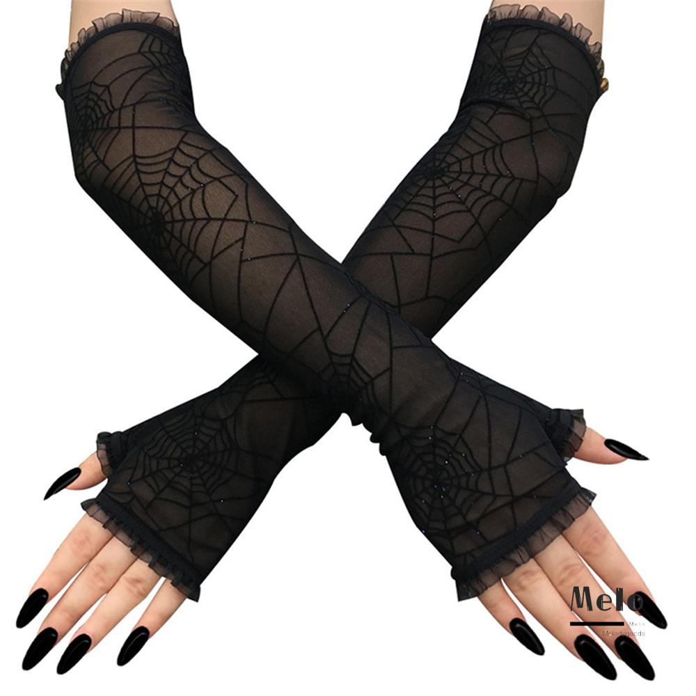 MELODG 1 Pair of Costume Accessory Arm Sleeves Stretchy Gothic Mittens Halloween Gloves Spider Web Half Finger Fancy Dress Up Cosplay Women Long Gloves