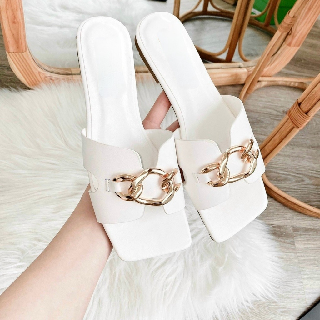 [NOWSHIP HN] Dép nữ quai ngang chữ H móc khóa xích xoắn sáng chân mũi vuông đế bệt thời trang nhẹ nhàng mới hot đẹp xinh