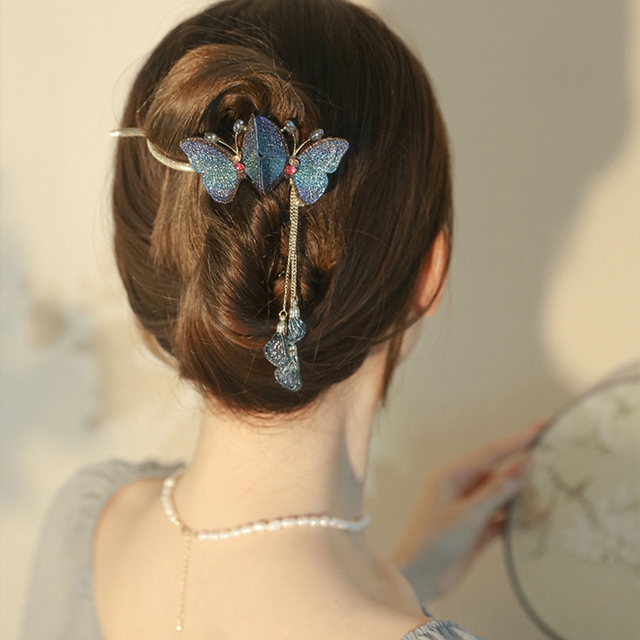Kẹp Tóc Tua Rua Thêu Hình Bướm Phong Cách Trung Hoa Đơn Giản
