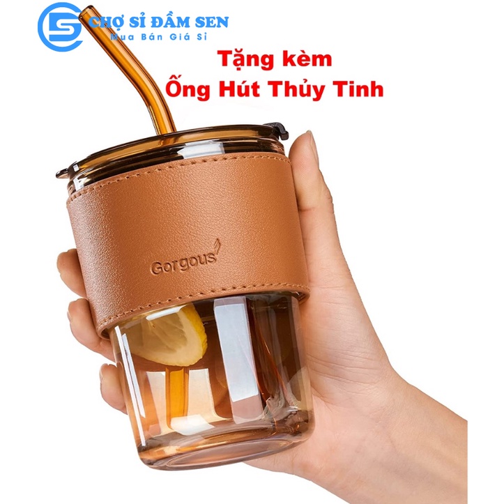 Ly thủy tinh có nắp đậy và ống hút bọc da chống nóng dung tích 450ml G397-LyBaoDa