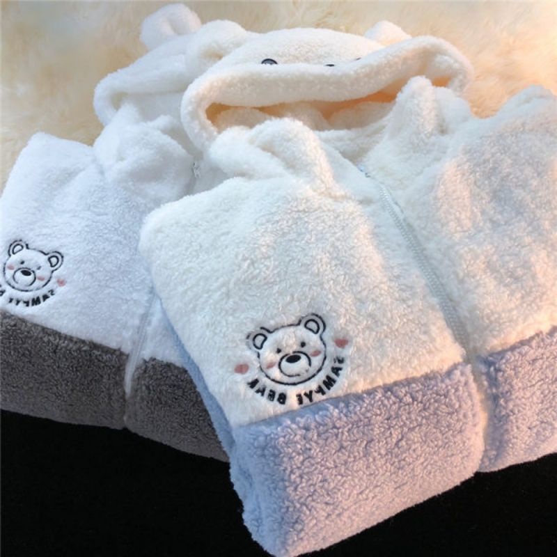 Áo khoác nỉ lông xù bông tai gấu chuột trắng Hàn Quốc unisex nam nữ đáng yêu siêu mềm mịn ấm áp