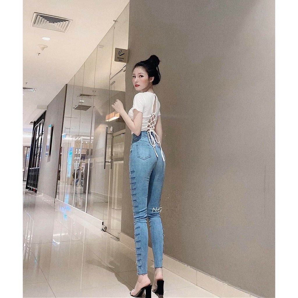 Quần jean nữ lưng cao RÁCH DÀI HAI HÔNG XUỐNG LAI mẫu mới cực đẹp, chất jean giãn tốt d-1-171