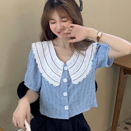 【ZHELIHANGFEI】Áo Sơ Mi Tay Phồng Ngắn Cổ Búp Bê Phối Ren Lưng Cao Dễ Thương