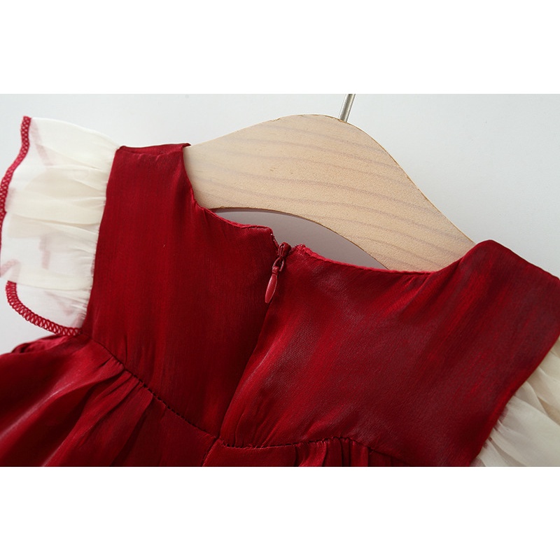 Đầm Công Chúa Vải Voan Cổ Tròn Đính Nơ Màu Đỏ Cho Bé Gái