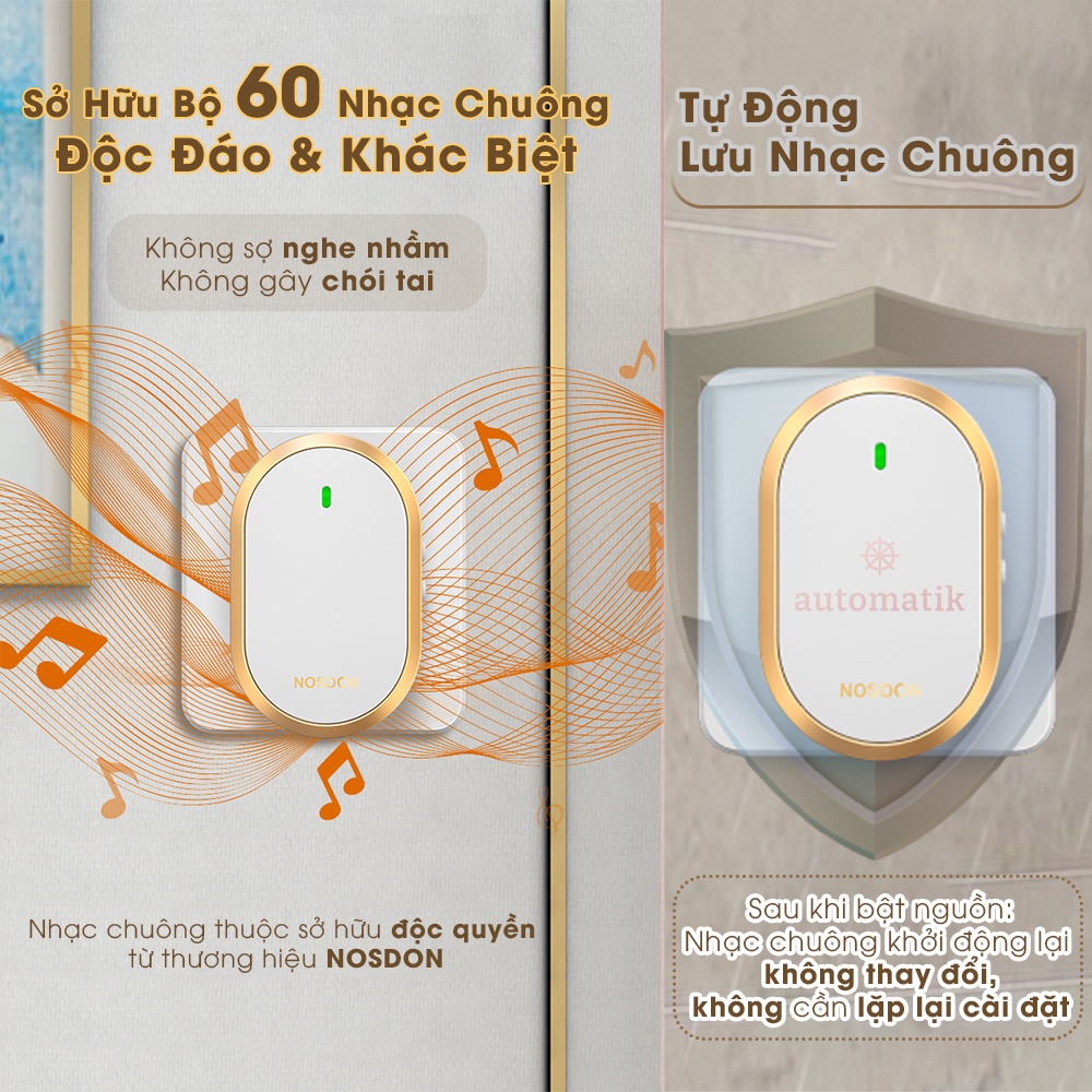 Chuông Cửa Không Dây Thông Minh Xuyên Tường Chống Nước Không Dùng Pin Truyền Xa 300m Cực Nhạy - Automatik