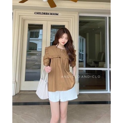 Áo babydoll cổ tròn bánh bèo vuông cộc tay