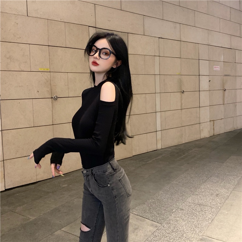 SUA010 Áo thun ôm body cổ lọ khoét vai đen trơn tay dài tôn dáng Áo phông kiểu nữ hở 2 vai cao cổ hè thu đông