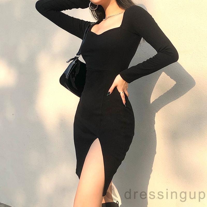 Đầm ôm Dài Tay Cổ Vuông Xẻ Tà Thời Trang | BigBuy360 - bigbuy360.vn