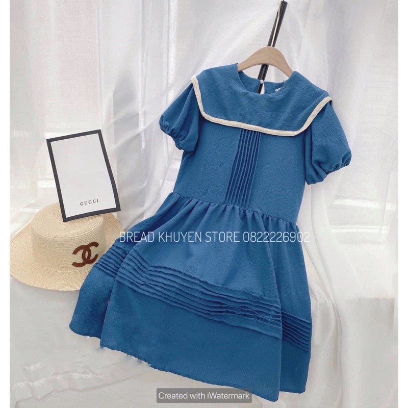 [Mã SKAMA06 giảm 8% tối đa 50K đơn 250K] Váy xanh xếp ly tay bồng cổ viền | BigBuy360 - bigbuy360.vn