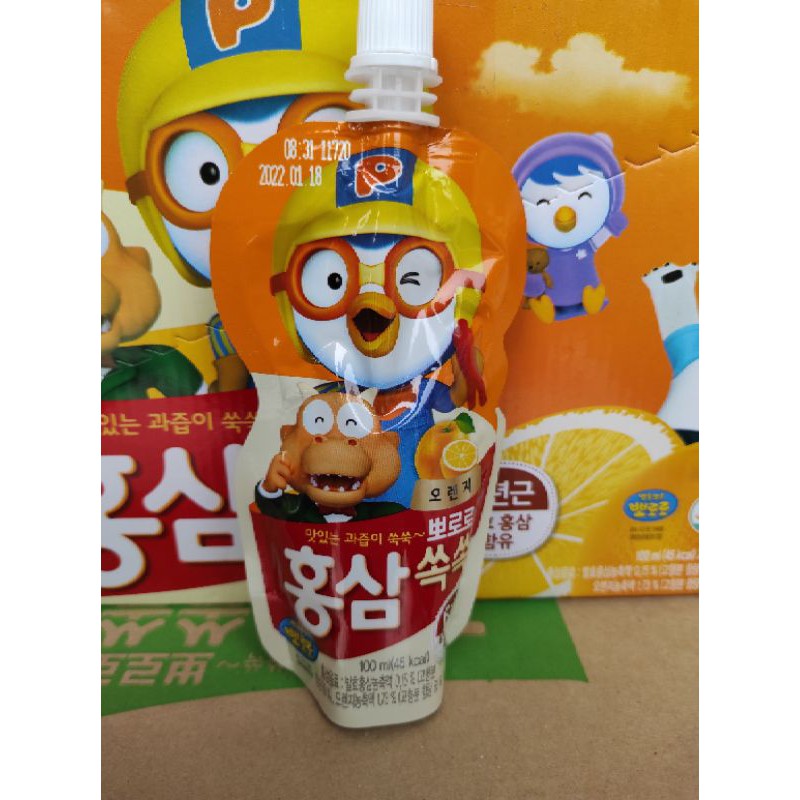 Hộp 10 túi Nước uống Pororo Hồng sâm vị nho và việt quất/Táo và mơ/ vị cam (10 túix100ml)