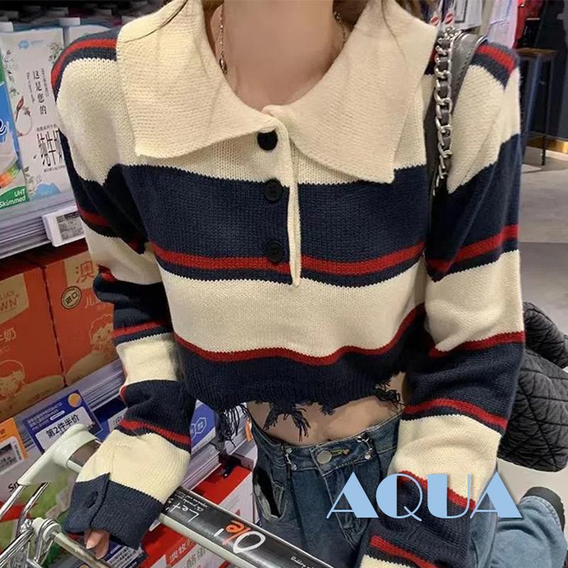 Áo Croptop Dệt Kim Tay Dài Cổ Tròn Màu Sắc Tương Phản Thời Trang Cho Nữ