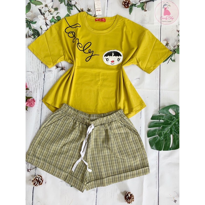 [Ảnh Thật] Set Đồ Bộ Nữ áo thun cotton form 40-60kg thêu hình quần đùi kate mềm caro